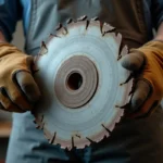 Disque tronçonner métal usé avec fissures et éclats sur une meuleuse d'angle tenue par un ouvrier en atelier industriel