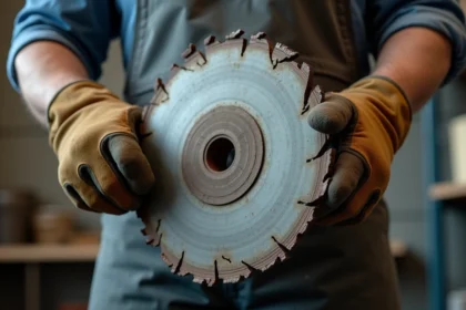 Disque tronçonner métal usé avec fissures et éclats sur une meuleuse d'angle tenue par un ouvrier en atelier industriel