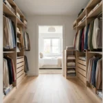 Dressing deux personnes bien organisé avec rangements symétriques en bois clair intégré dans une chambre à coucher moderne