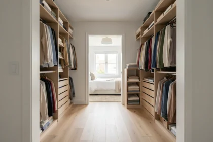 Dressing deux personnes bien organisé avec rangements symétriques en bois clair intégré dans une chambre à coucher moderne