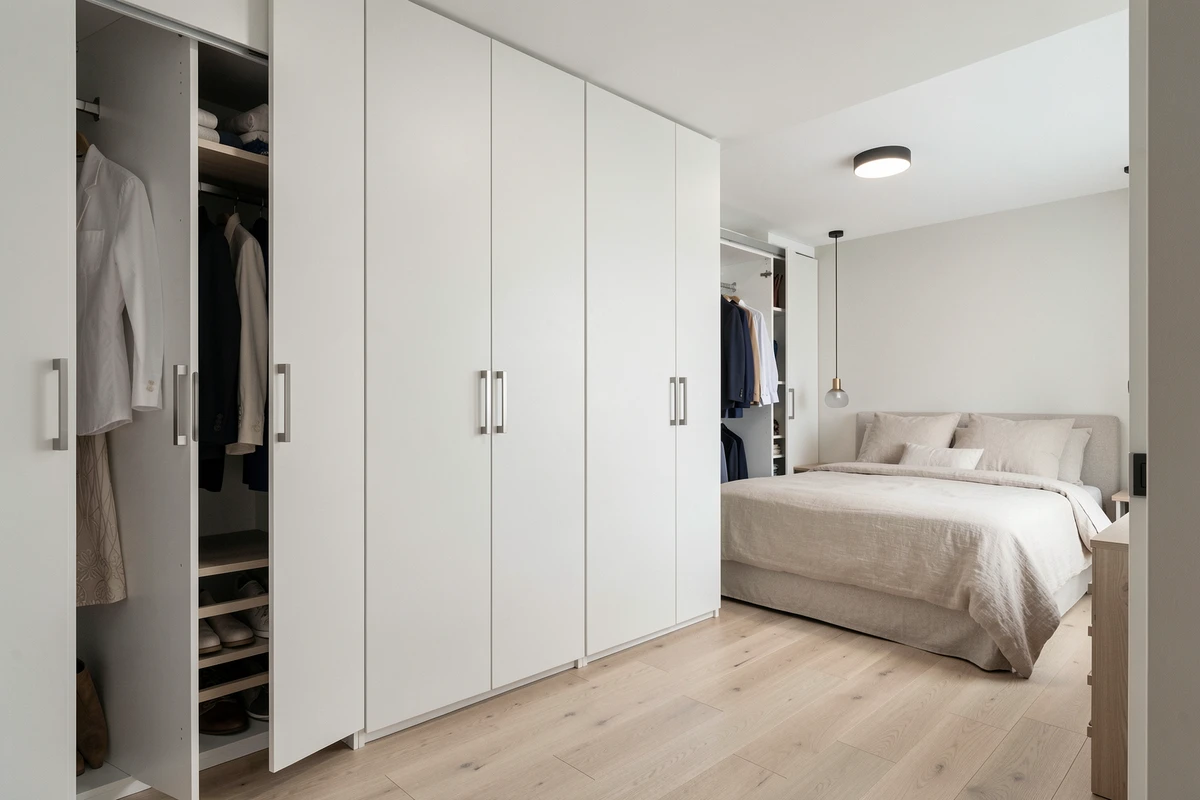 Dressing deux personnes intégré en angle dans une chambre moderne avec portes coulissantes et séparation homme femme