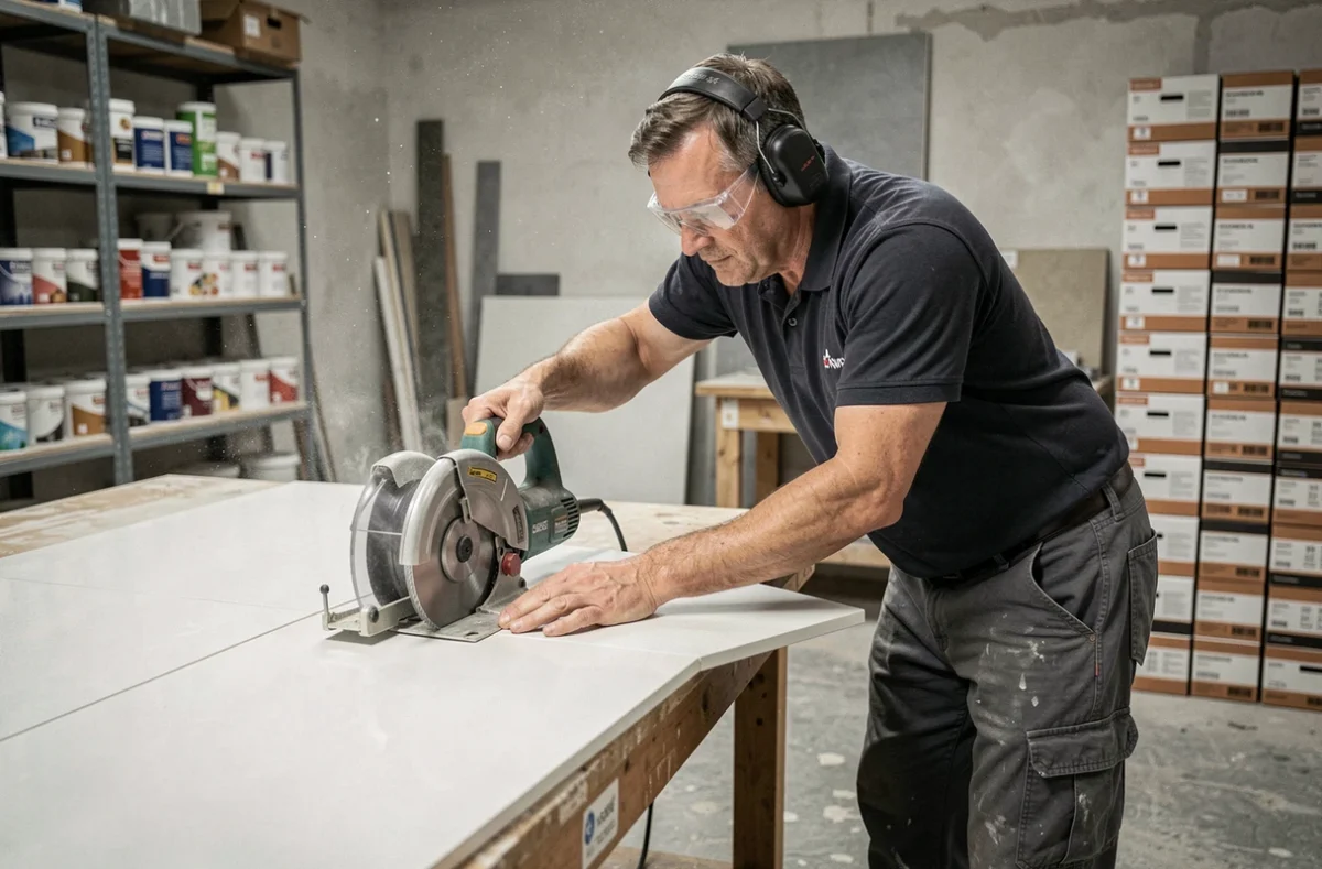 Artisan DSAJ effectuant une coupe précise d'un carrelage grand format avec une scie électrique dans son atelier