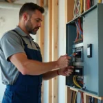 Électricien branchant un tableau électrique en intérieur