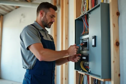 Électricien branchant un tableau électrique en intérieur