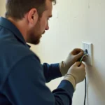 Électricien connectant trois fils électriques colorés dans une prise murale lors d'un branchement résidentiel