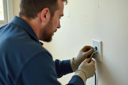 Électricien connectant trois fils électriques colorés dans une prise murale lors d'un branchement résidentiel