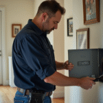 Électricien inspectant un panneau électrique dans une maison
