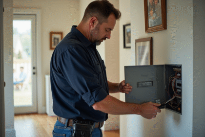 Électricien inspectant un panneau électrique dans une maison
