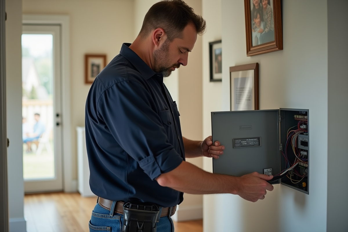 Électricien inspectant un panneau électrique dans une maison