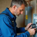 Électricien en bleu installe un disjoncteur dans un panneau électrique