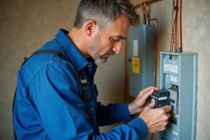 Électricien en bleu installe un disjoncteur dans un panneau électrique