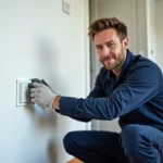Électricien installant une prise pour goulotte électrique sur un mur blanc intérieur