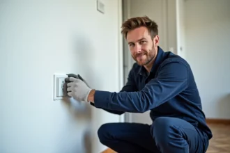 Électricien installant une prise pour goulotte électrique sur un mur blanc intérieur