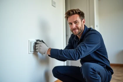 Électricien installant une prise pour goulotte électrique sur un mur blanc intérieur
