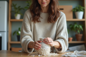 Femme emballant un vase en céramique avec du papier recyclé