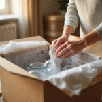 Main emballant des verres fragiles dans un carton