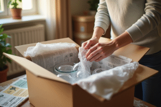 Main emballant des verres fragiles dans un carton