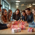 Groupe de professionnels échangeant des calendriers de l'avent en bureau