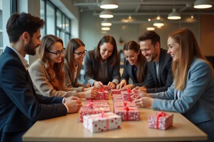 Groupe de professionnels échangeant des calendriers de l'avent en bureau