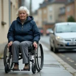 Femme en fauteuil roulant bloquée par une voiture garée sur le trottoir devant une maison résidentielle