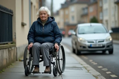 Femme en fauteuil roulant bloquée par une voiture garée sur le trottoir devant une maison résidentielle