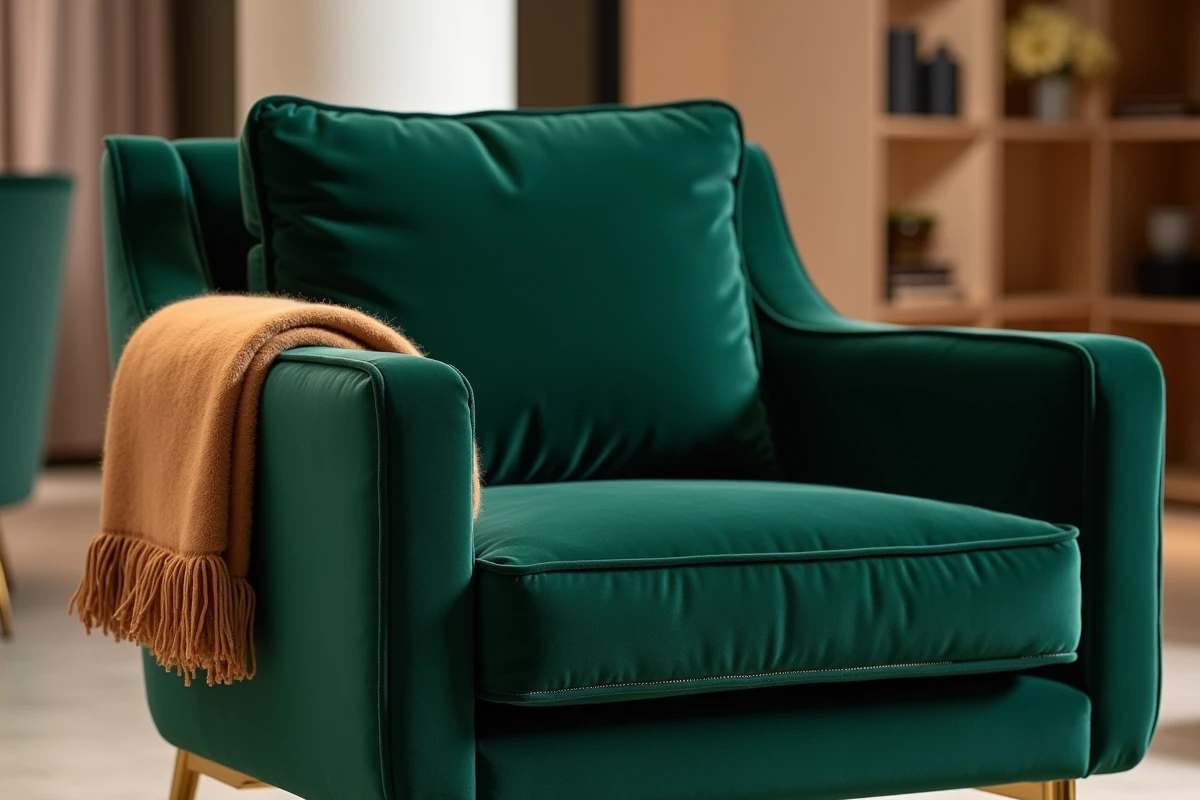 Fauteuil en velours vert forêt avec pieds en laiton et jeté en cachemire dans une boutique de mobilier haut de gamme