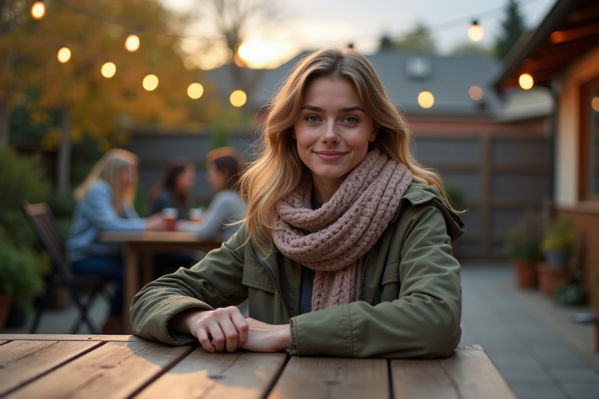 Jeune femme détendue assise à une table de jardin