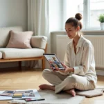 Femme utilisant une application de décoration intérieure entourée d'échantillons de tissu et de nuanciers de couleurs sur un parquet en chêne