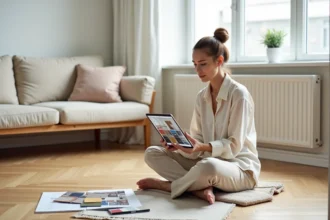 Femme utilisant une application de décoration intérieure entourée d'échantillons de tissu et de nuanciers de couleurs sur un parquet en chêne