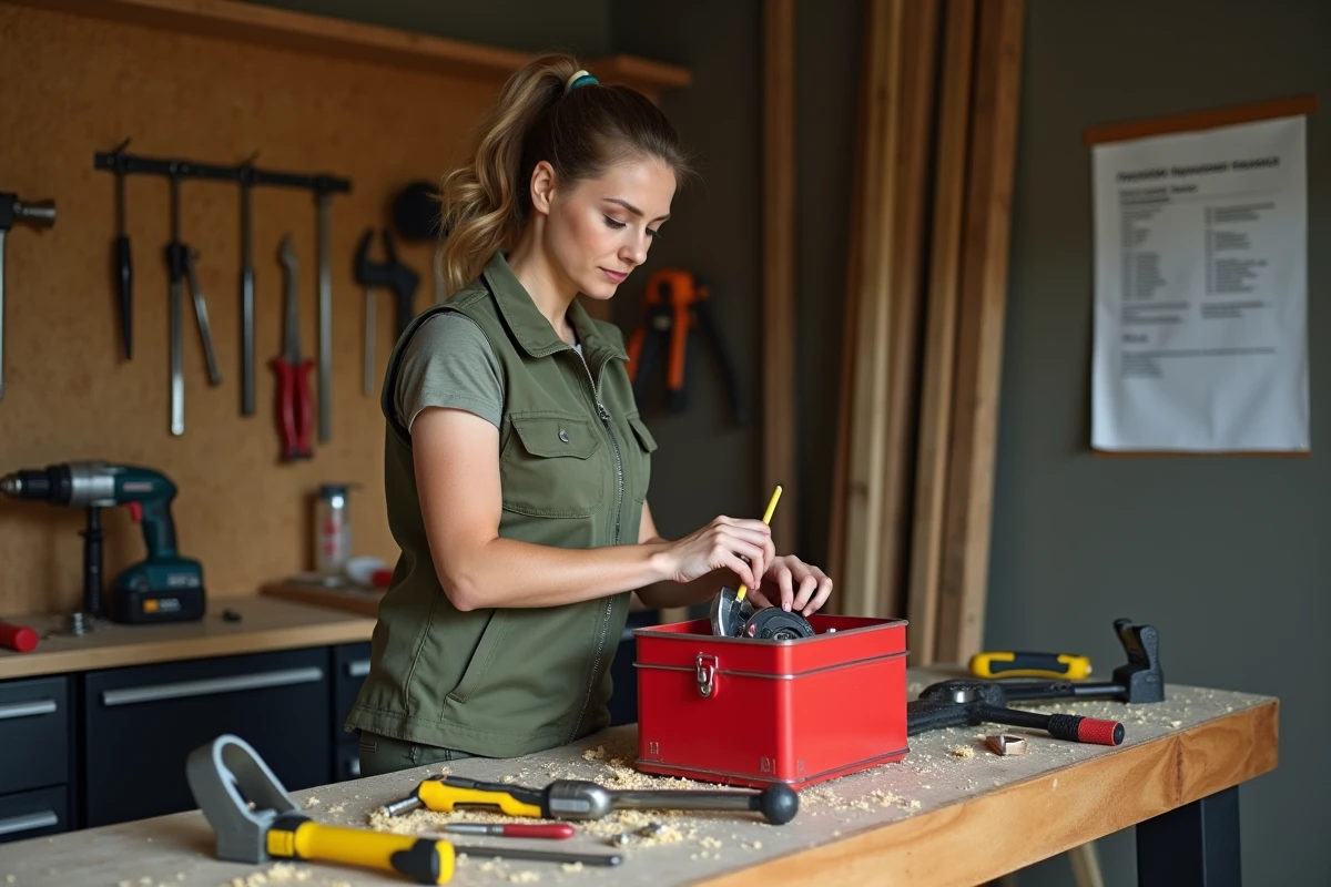Femme artisane organisant ses outils de bricolage dans un atelier de garage avant un chantier DIY
