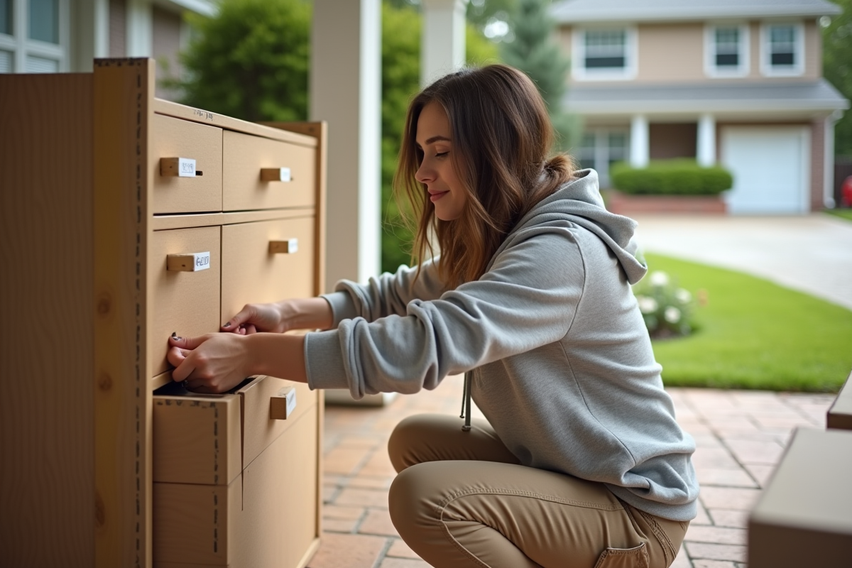 Jeune femme assemblant une caisse en carton pour un meuble