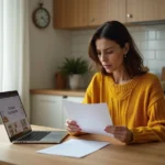 Femme lisant des avis clients sur le site Ancronix Maison dans une cuisine moderne
