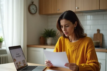 Femme lisant des avis clients sur le site Ancronix Maison dans une cuisine moderne