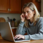 Femme lisant des avis clients contrastés sur un ordinateur portable dans une cuisine, expression dubitative