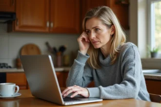 Femme lisant des avis clients contrastés sur un ordinateur portable dans une cuisine, expression dubitative