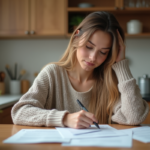 Femme remplissant un formulaire de changement d'adresse dans la cuisine