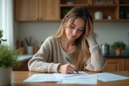 Femme remplissant un formulaire de changement d'adresse dans la cuisine