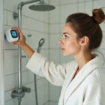 Femme en peignoir ajustant un compteur d'eau numérique dans une douche moderne pour contrôler sa consommation quotidienne
