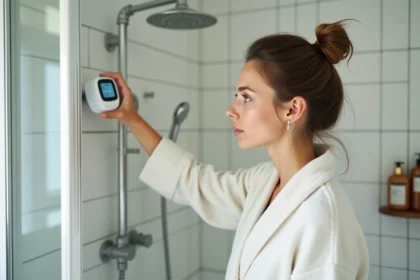 Femme en peignoir ajustant un compteur d'eau numérique dans une douche moderne pour contrôler sa consommation quotidienne