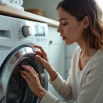 Jeune femme examine le panneau de contrôle d'une machine à laver moderne