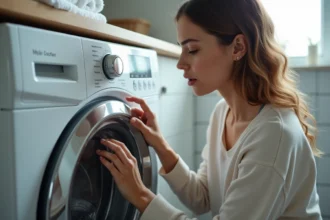 Jeune femme examine le panneau de contrôle d'une machine à laver moderne