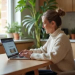 Femme d age moyen utilisant un ordinateur dans une cuisine lumineuse