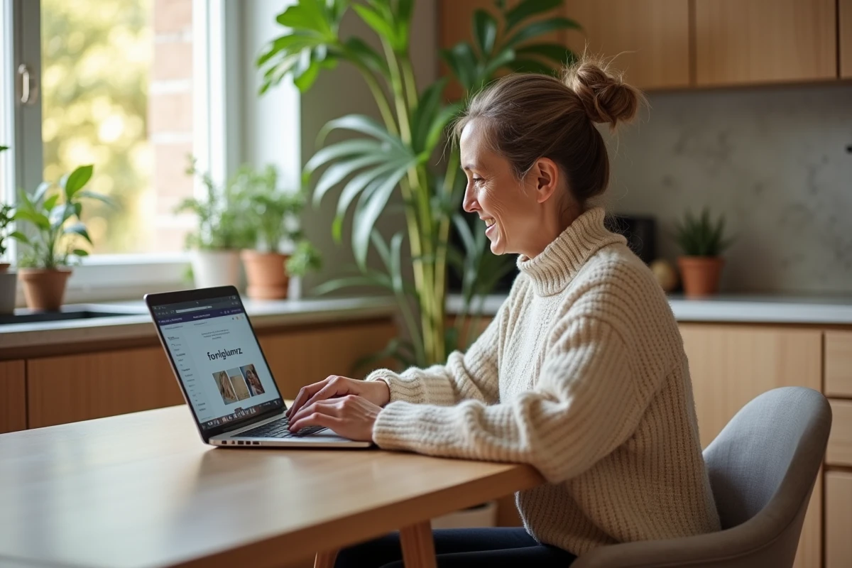 Femme d age moyen utilisant un ordinateur dans une cuisine lumineuse