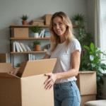 Femme souriante déballant un grand carton dans un salon organisé