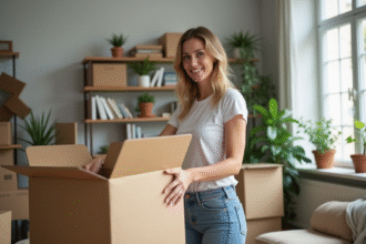 Femme souriante déballant un grand carton dans un salon organisé