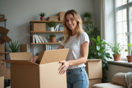 Femme souriante déballant un grand carton dans un salon organisé