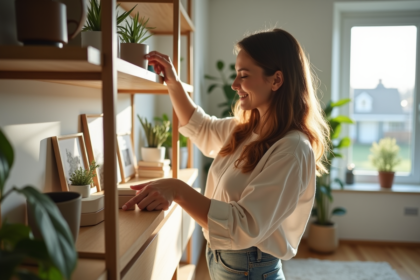 Femme arrangeant objets decoratifs dans un salon lumineux