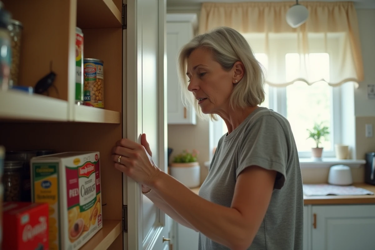Femme découvrant un cafard noir dans un placard de cuisine