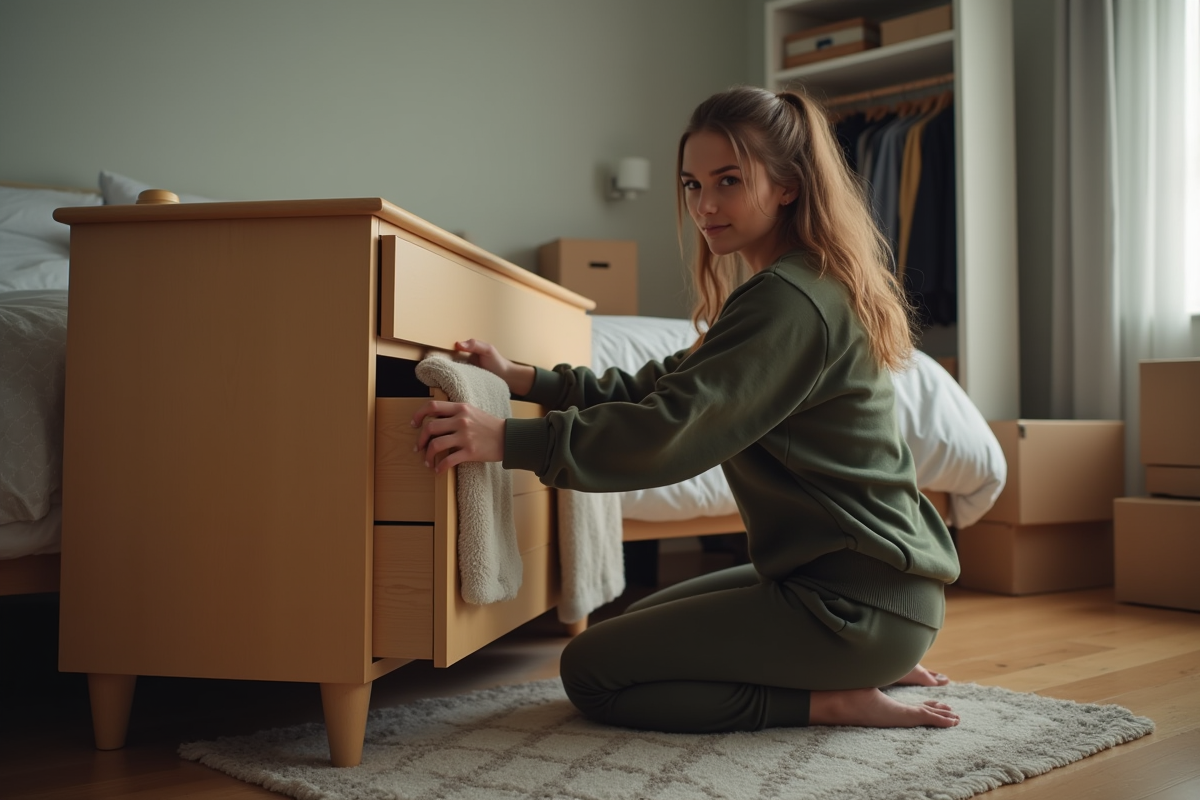 Jeune femme déplaçant un coffre à la maison avec une serviette