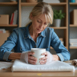 Femme en denim emballant une porcelaine délicate dans un bureau organisé